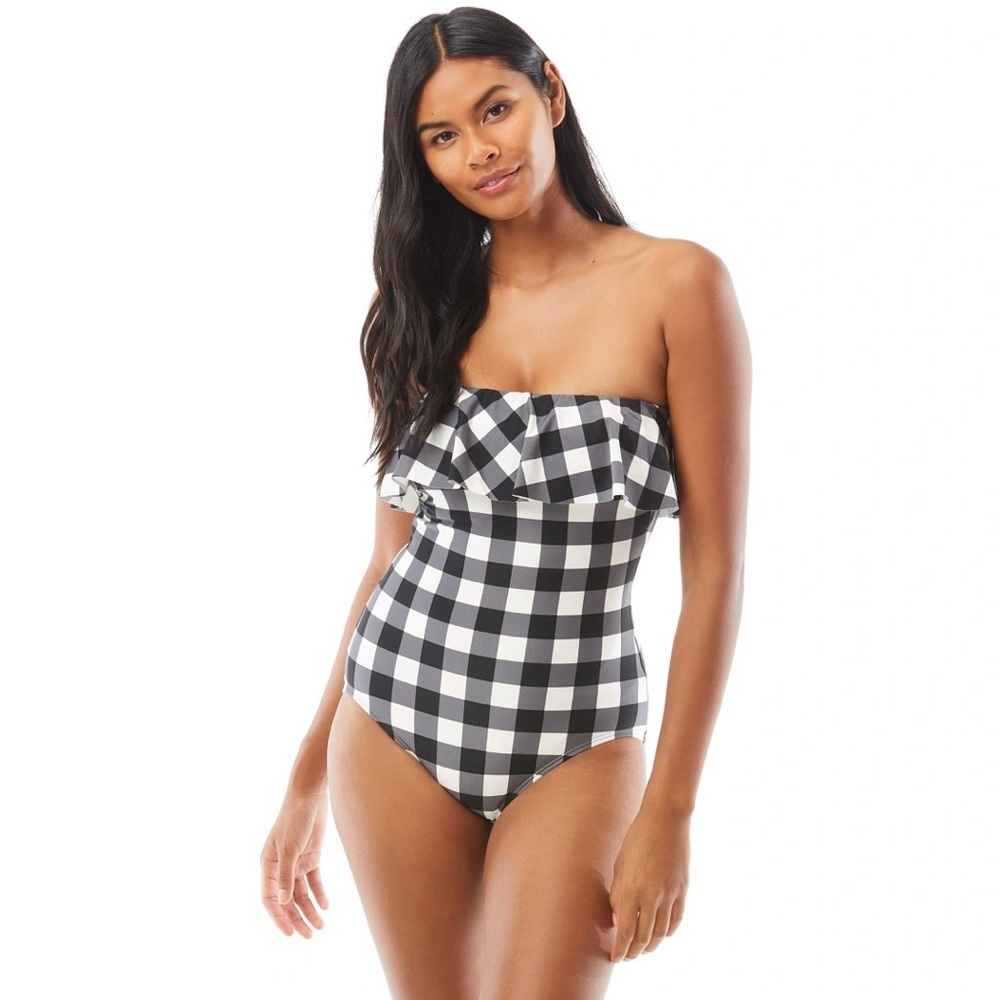 Kate Spade Ruffle Plaid Bandeau Underwire One Piece Swimsuit Size Small - Picture 2 of 12